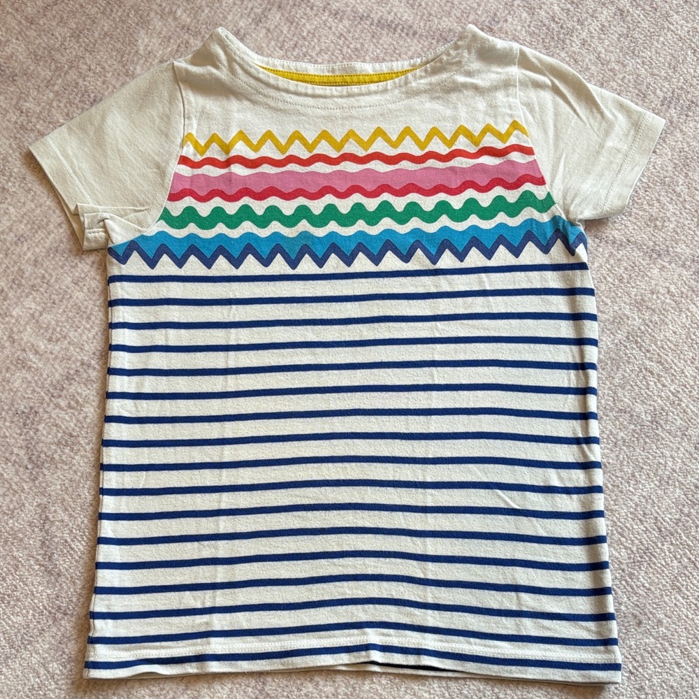 Mini Boden White Tee with Rainbow Zigzags and Navy Stripes